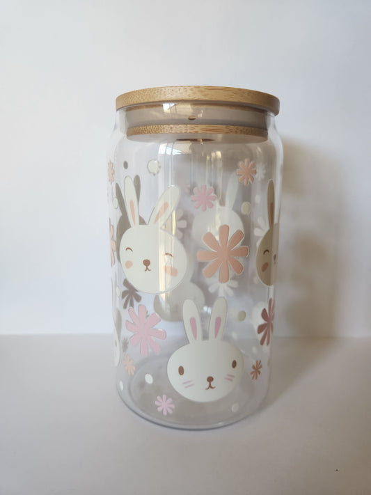 Bunny Face and Soft Pink Flowers Easter Acrylic Tumbler