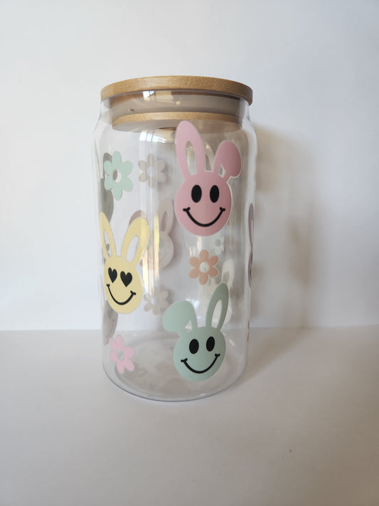 Pastel Bunny Face and Flowers Easter Acrylic Tumbler